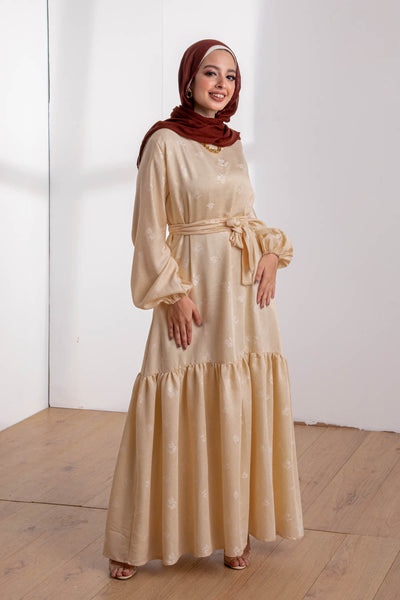 Nadra Jacquard Floral Pattern Cream Dress