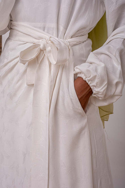Malak Jacquard Butterfly Pattern White Wrap Dress